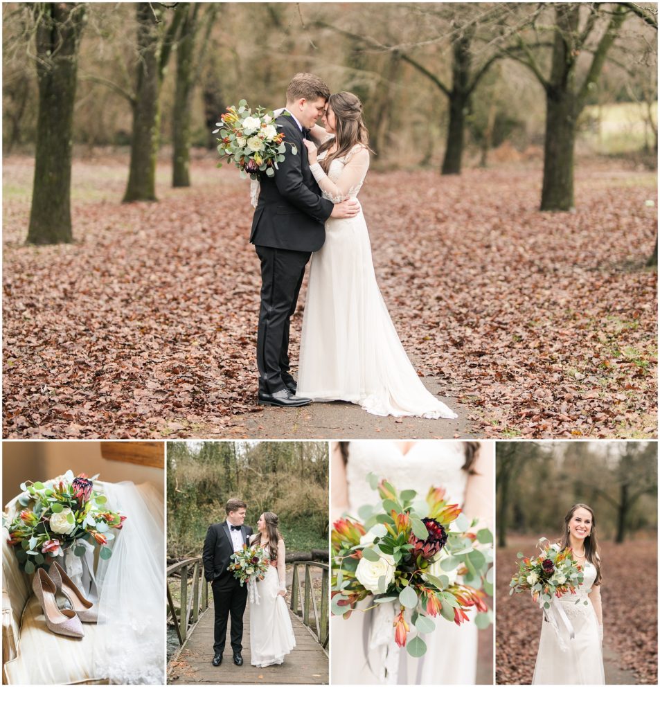 bride in long sleeve lace dress, man in a classic black tuxedo, fall leaves all over the ground, celebrating their wedding day. 