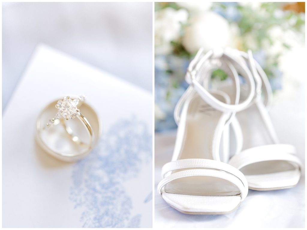 Golden rings and white shoes with blue pastels in the background at a Georgetown Kentucky wedding.