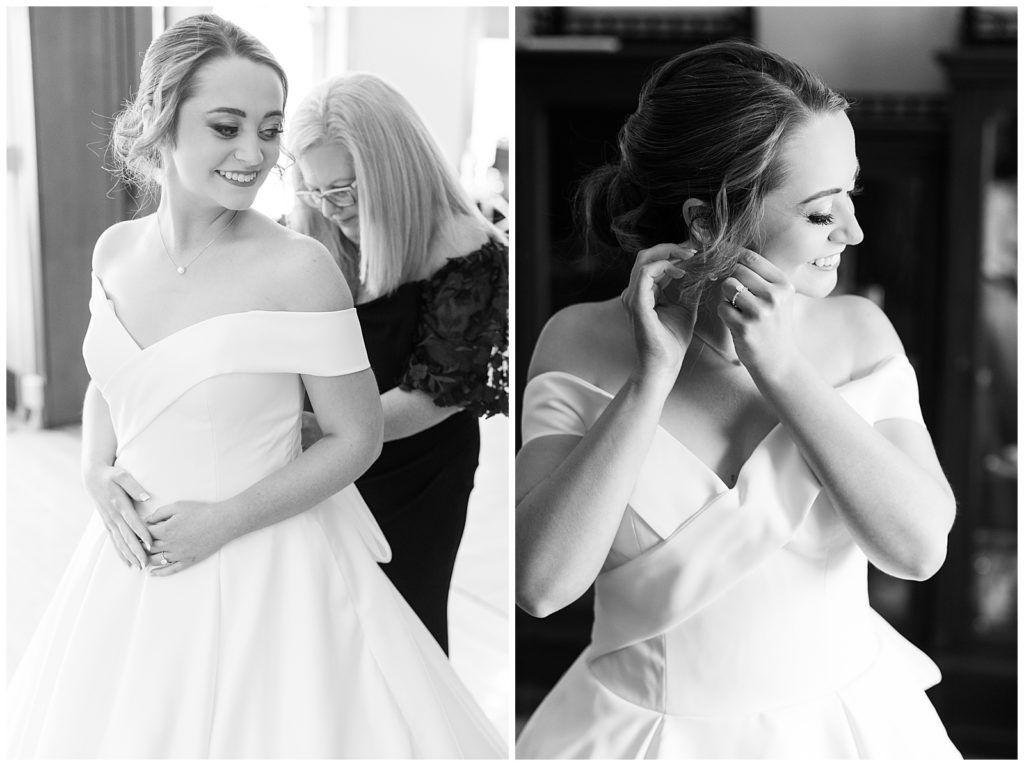 Black and white images of the bride getting ready. On the left, her mother is helping to button her dress and she smiles over her shoulder. On the right, the bride is smiling as she puts on her earrings at a Georgetown Kentucky wedding.