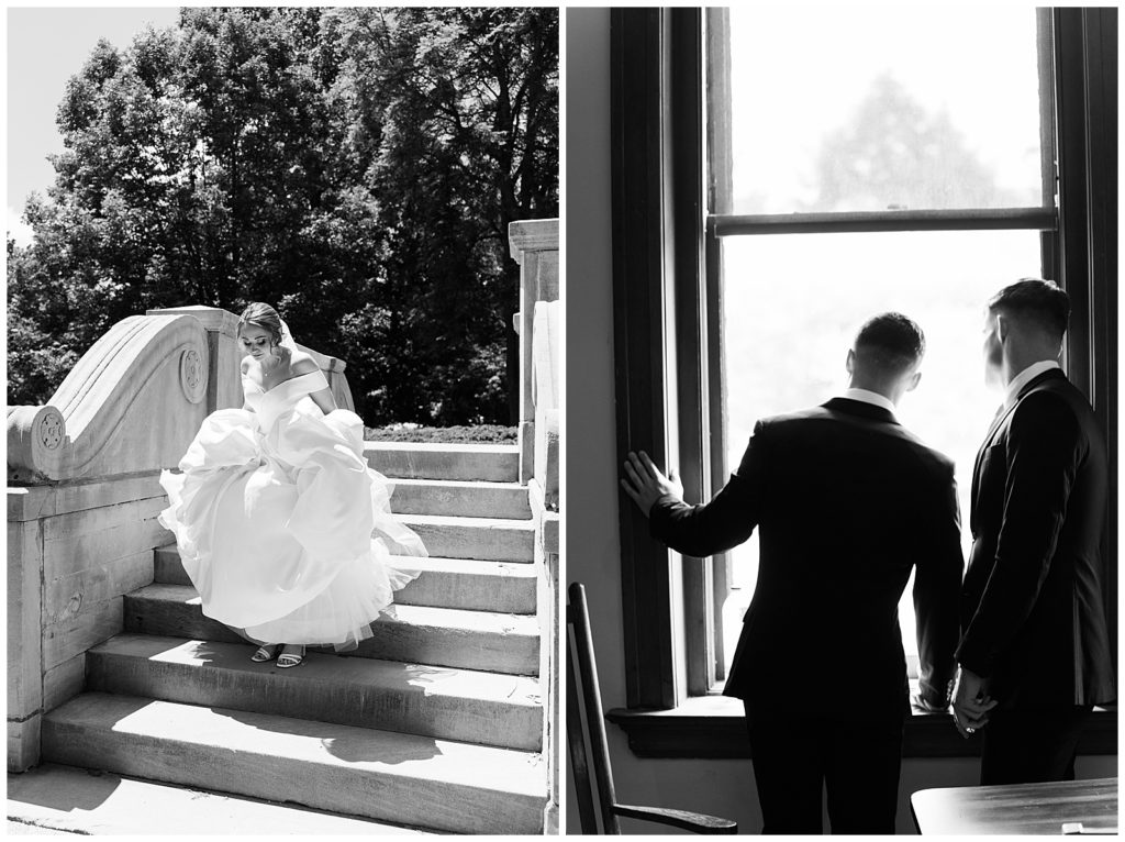 Right: bride is holding up her large dress as she comes down the stairs. 
Left: Groomsen are photographed from behind as they look out a large window. 