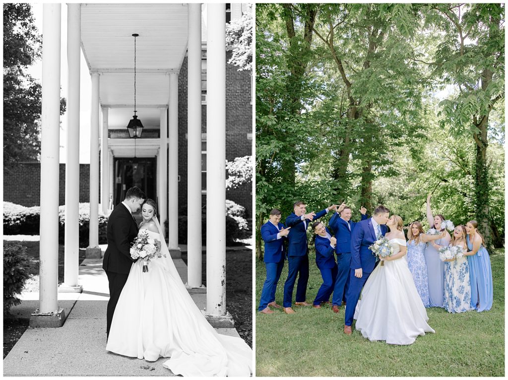 Left: bride and groom pictured in front of a row of columns. 
Right: bride and groom kissing and the wedding party is very excited behind them at a Georgetown Kentucky wedding.